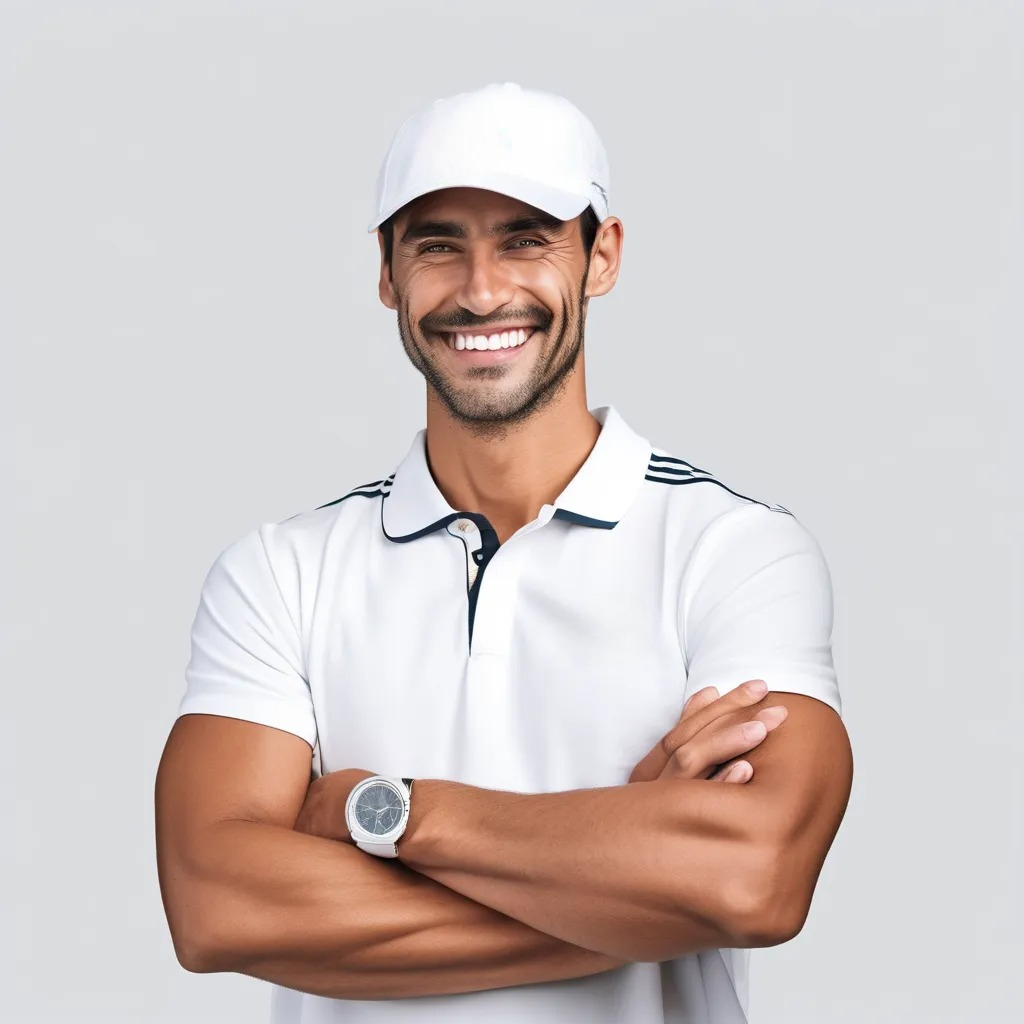 Homme souriant en polo blanc, les bras croisés