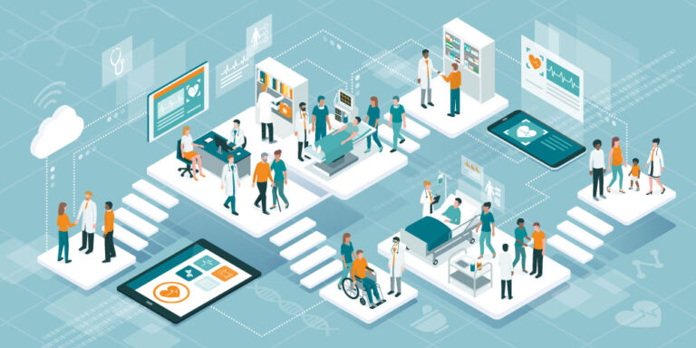 Illustration of connected hospital facilities and medical services