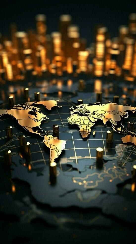 Gold world map with location pins representing delivery routes