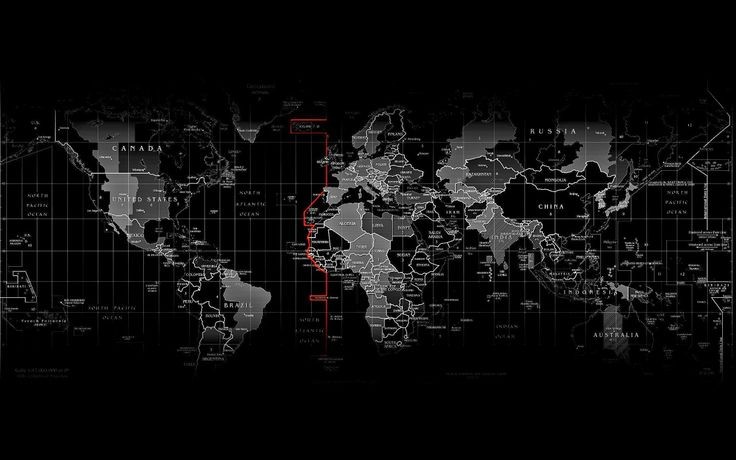 Dark world map with a thin red vertical line across the Americas