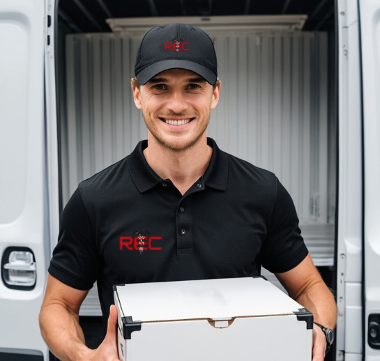Courier in branded uniform holding a package beside a delivery van
